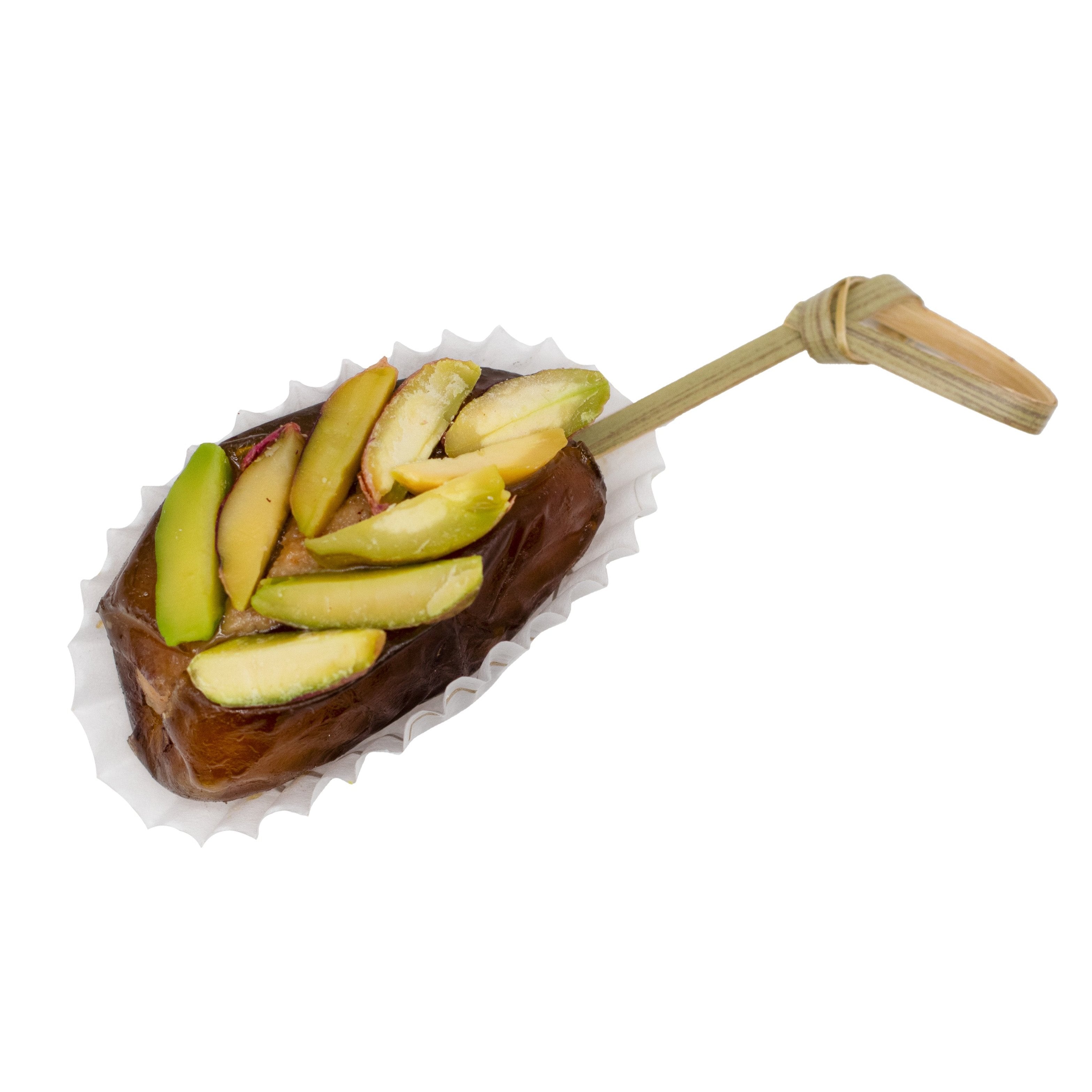 Datte Décorée Pistache avec tranches de pistaches et bâtonnet pour une dégustation facile