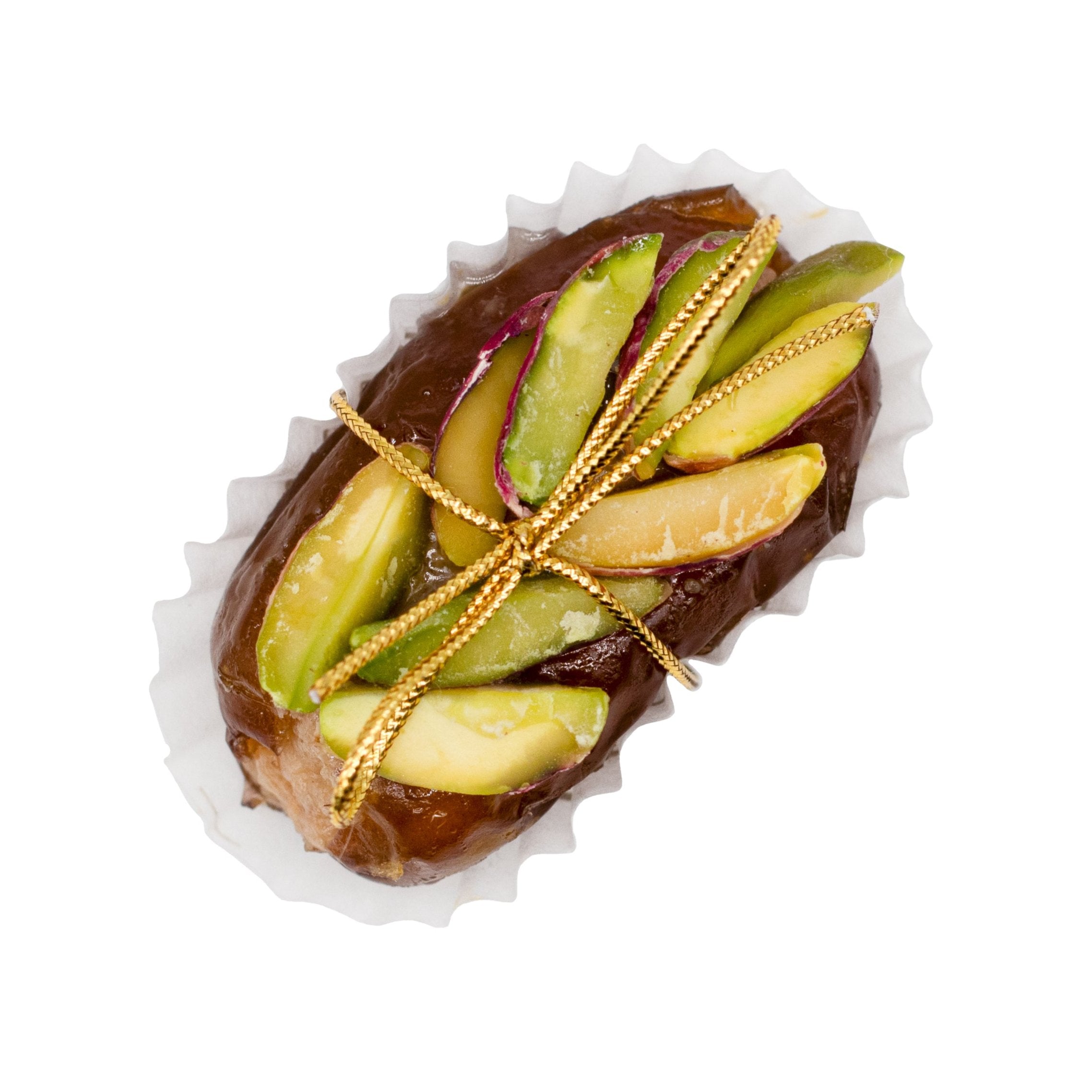 Datte Prestige Pistache avec tranches de pistaches et fil doré, élégance et raffinement